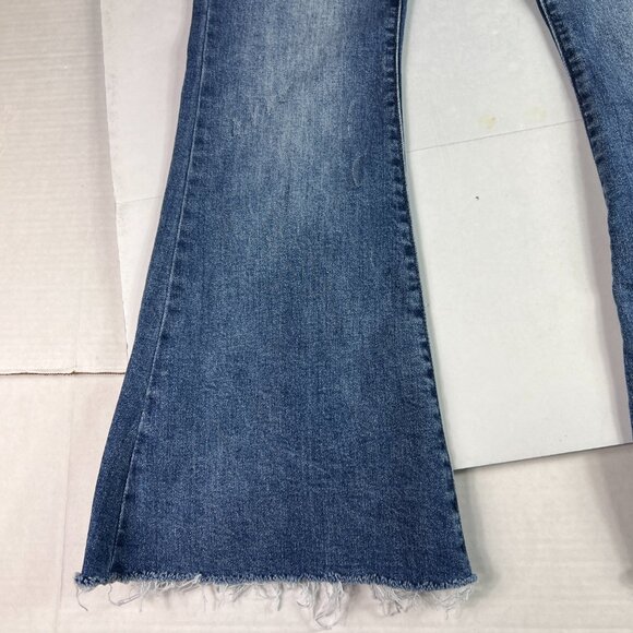 Risen Jeans Women 30x28* High Rise Flare Blue Faded Stretch Raw Hem Denim Tag 29 - Picture 6 of 16